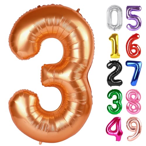 Image of Orange Number 3 Balloon 40 Inch, 3rd Birthday Celebration Supplies Women Men, 3 Balloon for Theme Party