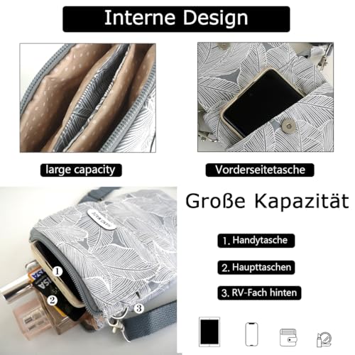 fanshu umhängetasche für handy und geldbörse Segeltuch schultertasche für handy damen Retro Phone Tasche crossbody handytasche echtleder(Grau)