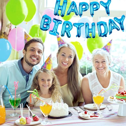 Image of Happy Birthday Balloons Banner Blue 16 Inch Mylar Foil Letters