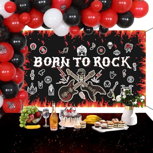 Image of Crenics Rock and Roll Party Decorations - Born to Rock Backdrop Banner, Balloons Arch Kit and Guitar Foil Balloons for Star Music Theme Birthday Party Supplies