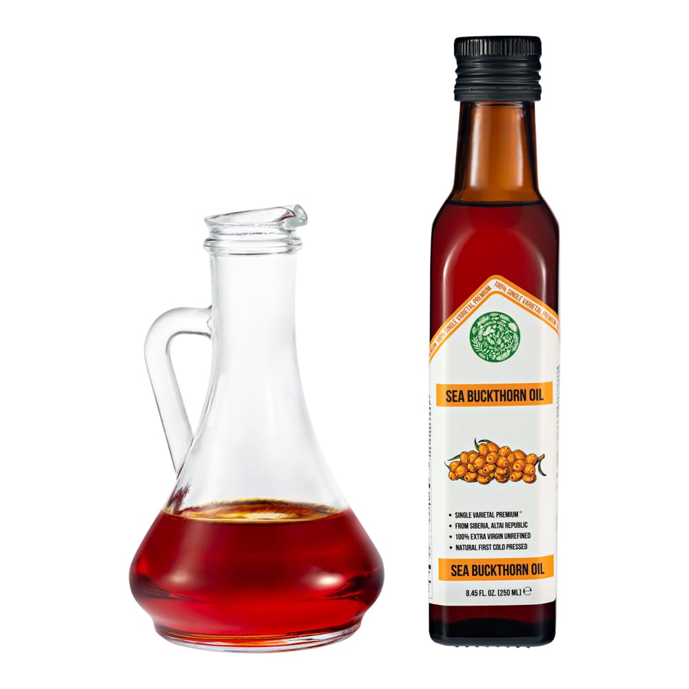 Aceite de Espino Amarillo Verde Siberiano – 250 ml Aceite de Fruta Hippophae Monovarietal, Virgen Extra Sin Refinar, Prensado en Frío