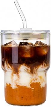 Luxfuel 16 oz Glass Cups with Lids and Straws Reusable Iced Coffee Tumbler | Leak-Proof Borosilicate Glass Iced Coffee Cup for Smoothies, Iced Tea, Water, Travel, Cup Holder Friendly, 1 Pack, Iridescent