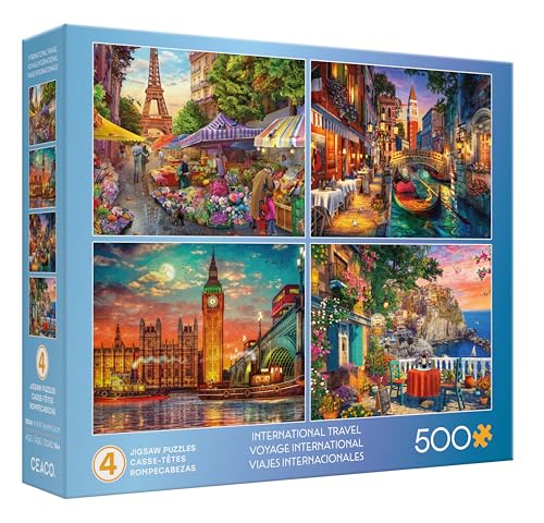 Ceaco – Puzzle Multipack 4 en 1 International Travel de 500 piezas | Arte de Dominic Davison, Hecho en USA, Cartón reciclado, Tamaño terminado 18 x 14 in, Incluye póster, Arte enmarcable, Ideal para regalo