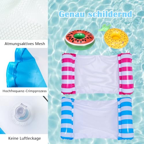 2 stück 4 in 1 Pool schwimmbett mit becherhaltern, wasserdichter Tasche und luftpumpe -Pool zubehör Pool Spielzeug,schwimmtiere füur den Pool, hängematte und luftmatratze für Wasser und Strand
