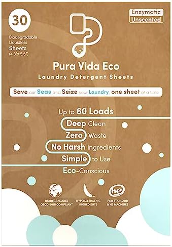 Pura Vida Eco Laundry Detergent Sheets - Wash Clothes Without Liquid Soap, Free and Clear, Unscented, Safe for Sensitive Skin, Baby Clothing, Travel, No Plastic Bottle, Eco Friendly Cleaning, 30 Sheets - up to 60 Loads, 4.7” x 6.7”