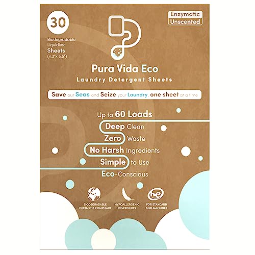 Pura Vida Eco Laundry Detergent Sheets - Wash Clothes Without Liquid Soap, Free And Clear, Unscented, Safe For Sensitive Skin, Baby Clothing, Travel, No Plastic Bottle, Eco Friendly Cleaning, 30 Sheets - Up To 60 Loads, 4.7” X 6.7” #TOP25