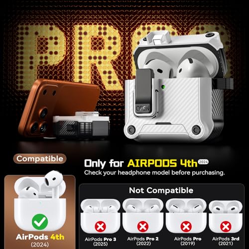 Image of Inesore for AirPods 4 Case with Secure Lock (White) | Phone Stand Design,Compatible with MagSafe,Automatic Snap Switch Secure Cover Carbon Fiber Texture with Cleaner Kit