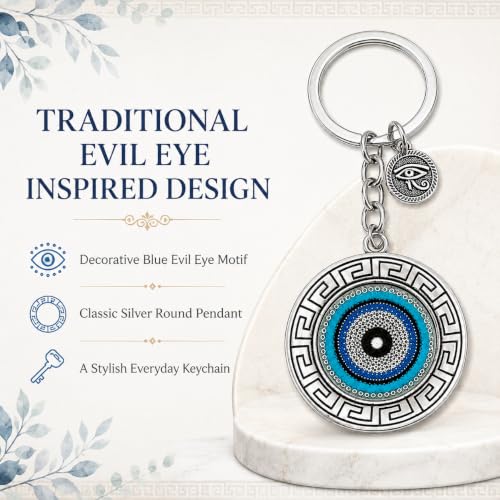 Image of Evil Eye Keychain, Blue Nazar Talisman with Eye of Horus Charm, Greek Key Border, Antique Finish, Metal Key Ring
