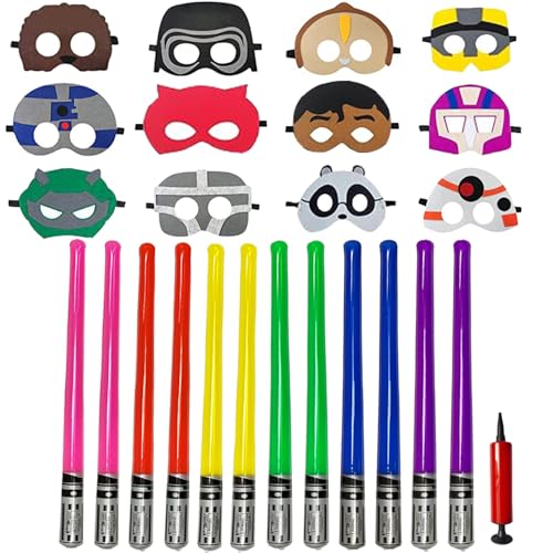 Augweyang Lot de 12 masques de fête en feutre, 12 épées gonflables sabre laser pour sacs cadeaux, récompenses, accessoires de scène