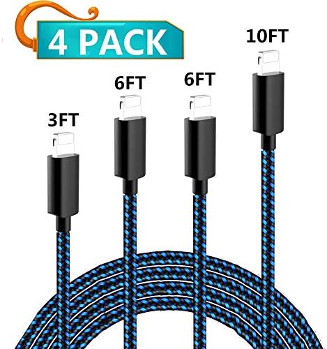 QuupTen iPhone Charger, Mfi Certified iPhone Cable 4 Pack [3/6/10Ft] Extra Long Nylon Braided USB Charging&Syncing Cord Compatible with iPhone Xs Max/XS/XR/7/7Plus/X/8/8Plus/6S/Plus/SE