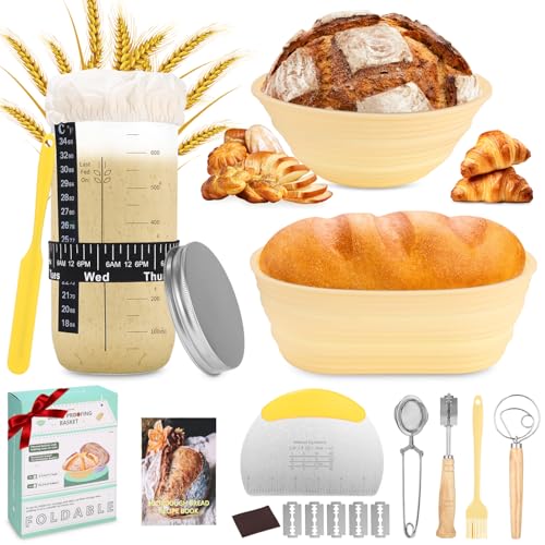 Gärkörbchen, 12-Teilig Sauerteig Starter Set, 2 Gärkorb Set aus Silikon - Gärkörbchen Oval und Rund, Brot Backen Zubehör, Brotbacken Startver, Großes Geschenk für Anfänger, Erfahrener Bäcker
