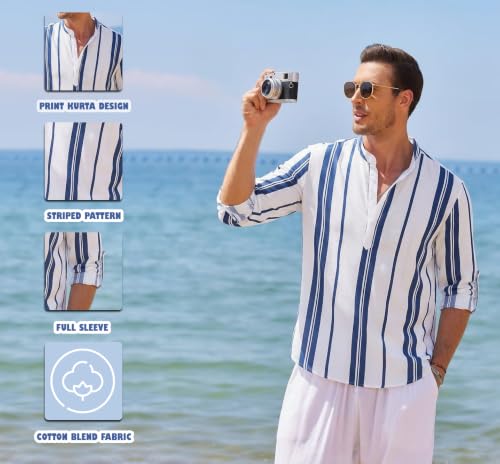 Image of Zombom Men's Cotton Polyester Blend Solid Regular Fit Full Sleeve Printed Short Kurta | Ethnic, Lightweight Summer Kurta for Daily & Occasion Use | Men's Trendy Short Kurta