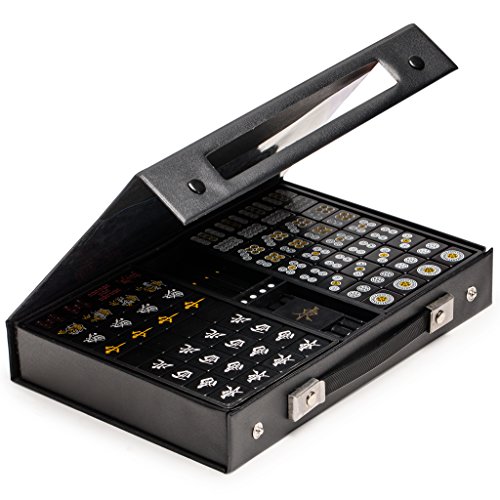 Yellow Mountain Imports Japanese Riichi Mahjong Set - Black Standard Size Tiles And Vinyl Case - With East Wind Tile, Set Of Betting Sticks, & Dice #TOP5
