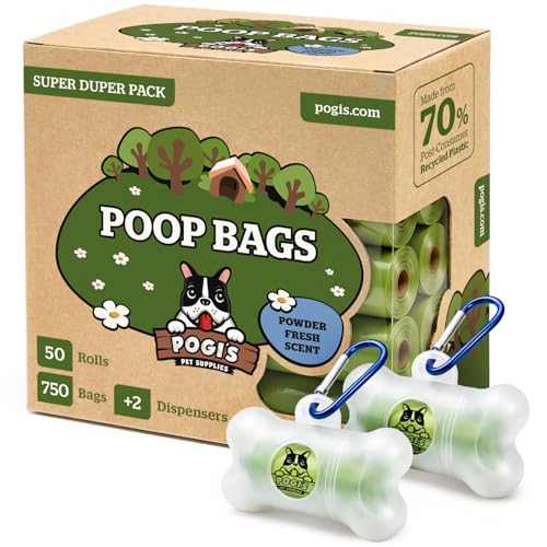 Pogi sacchetti igienici per cani, a prova di perdite e profumati, extra resistenti, con 2 dispenser, 750 pezzi (50 rotoli)