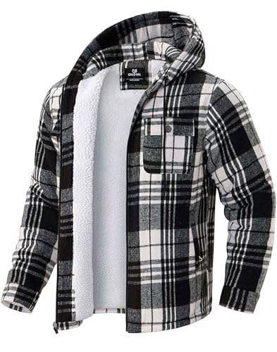 G Gradual Men's Flannel Jacket Fleece Sherpa Lined Hoodies Zip Up Plaid Shirt Warm Winter Jackets for Men with Zipper Pockets(Black,L)