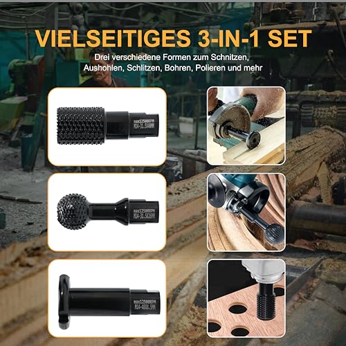 Holzschnitzerei-Fräser-Set, M14-Gewinde, 3-teilig für Winkelschleifer 115mm/125mm, Schwarz