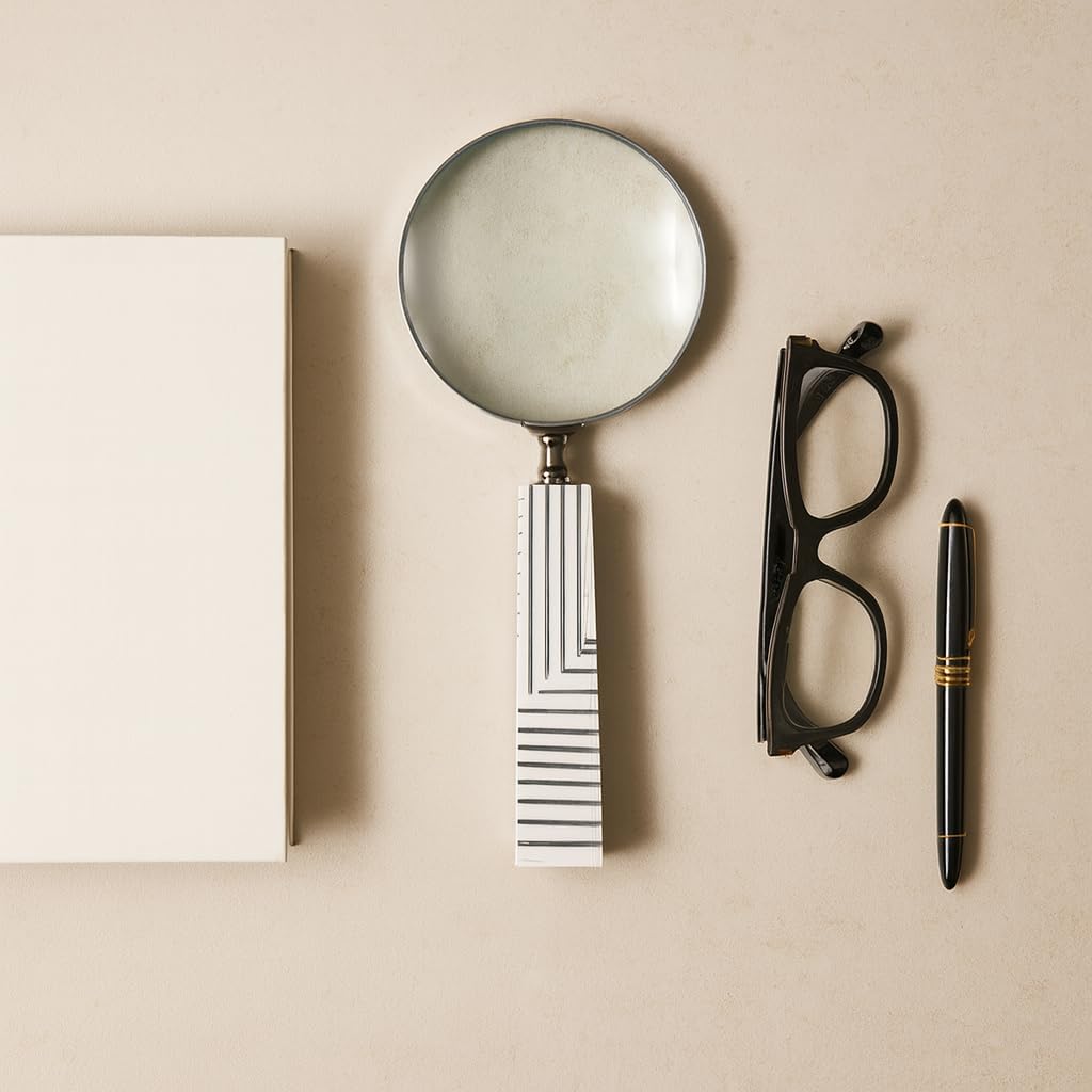 Magnifying Glass with Line Pattern on Handle for Home Decor - Functional Tabletop Accent for Office, Living Room, and Shelf Decor - Accessory for Coffee Table and Workspace - 10", White & Black