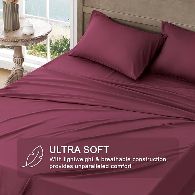 Image of FreshCulture Twin Bed Sheets - Ultra Soft Sheets for Bed - Brushed Microfiber - Deep Pockets - Easy Care - Cooling & Breathable Sheet - Hotel Quality Twin Size 3 Piece Sheet Set (Burgundy)
