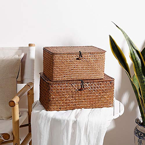 Woven Straw Storage Bins With Lid - Set Of 4 - Rectangular Seagrass Basket/Storage Basket For Shelf Organizer #TOP4