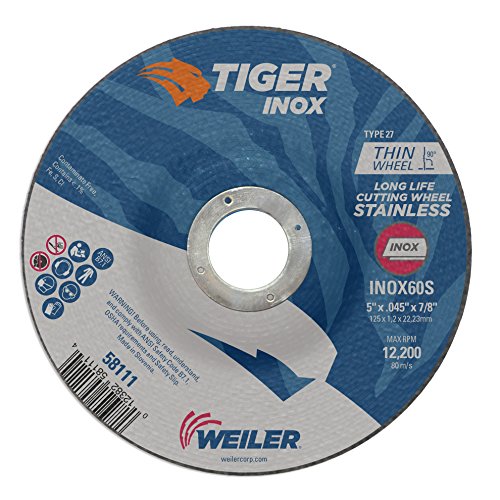 ๐ฅ Flash Sale Weiler 58111 5" x 0.045" Tiger INOX Type 27 Thin Cutting Wheel, INOX60S, 7/8" A.H. (Pack of 25) ๐ฅ Flash Sale Weiler 58111 5" x 0.045" Tiger INOX Type 27 Thin Cutting Wheel, INOX60S, 7/8" A.H. (Pack of 25)