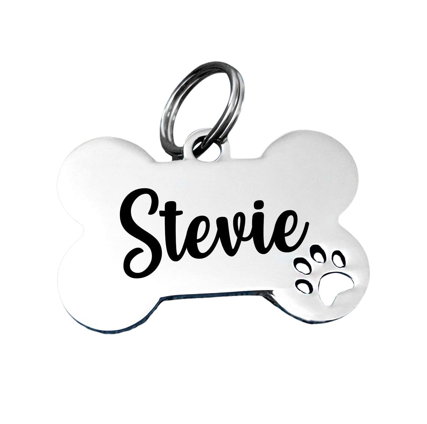 Pet ID Tags, Personalized Engraved Stainless Steel Pet Tag, Bone Shape, 3 Fonts, Paw Cutout, Cat Tag Dog Tag, Back Engraved INCLUDED