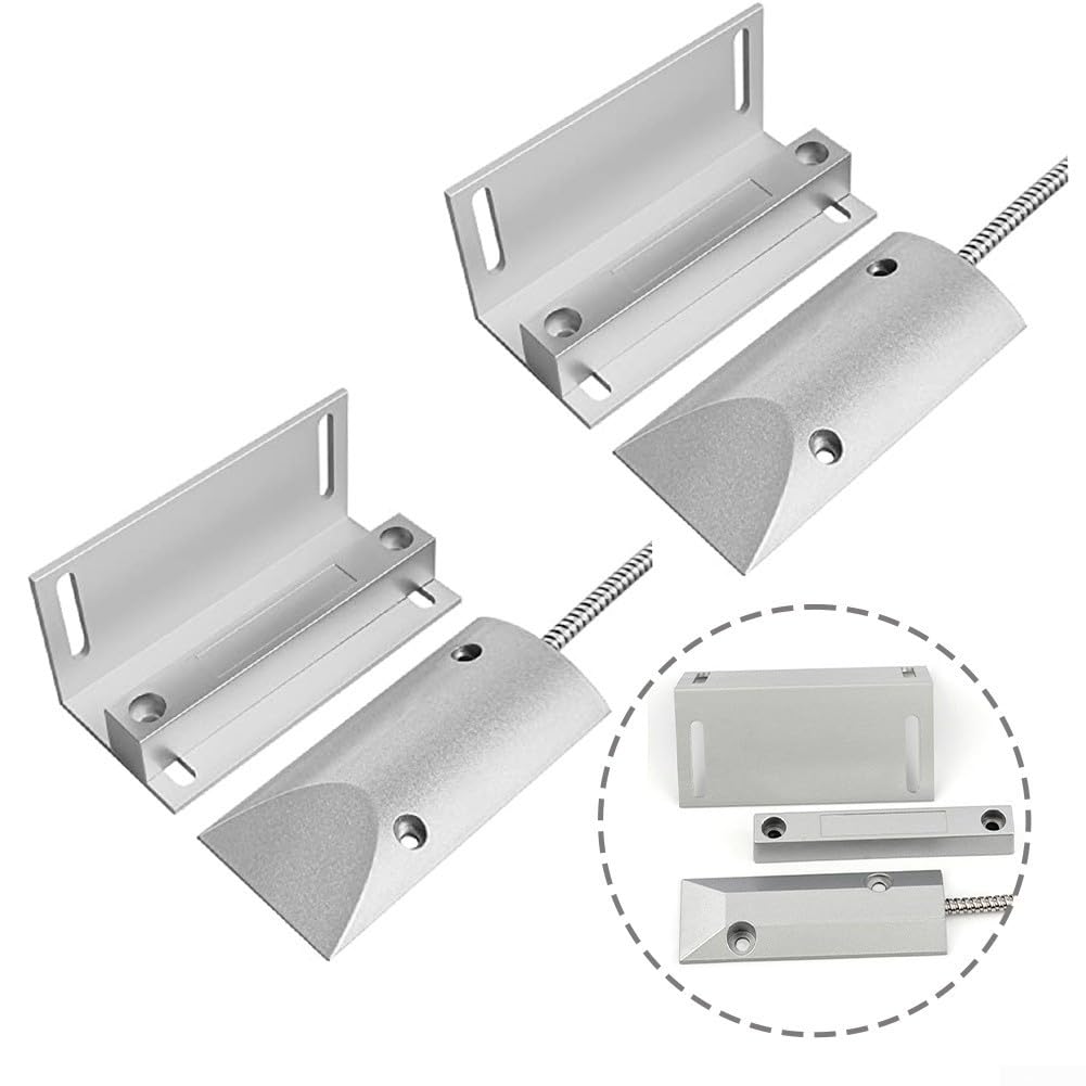 Interruptor de contacto para puerta de garaje con cable, aleación de zinc, sensor de alarma magnético con soporte, para puertas enrollables, puertas de hierro, ventanas, plata (normalmente cerrado)