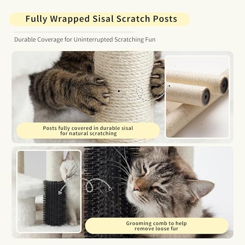 Image of Heybly Cat Scratching Post with Grooming Brush & Gentle Step, HSP001SWH | Small Cat Tree with 5 Full Sisal Posts, Removable Plush Bed, Stable & Space-Saving Cat Furniture for Indoor Cats, White