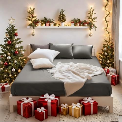 MOHAP Warm Double Size Fitted Sheet Gray with Extra Deep 30 cm Pocket Bed Sheet Only Bedsheet Brushed Microfiber Bottom Sheet for Double Bed 135x190 Grey