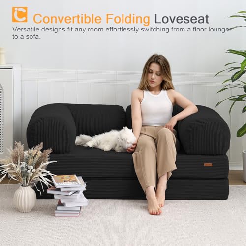 COMAX Folding Sofa Bed Queen, 4-in-1 Foldable Floor Couch Convertible Futon Sofa with Armrests Sleeper Mattress Chair Bed Comfy Portable Fold Out Lounge Guest for Living Room Bedroom, Black