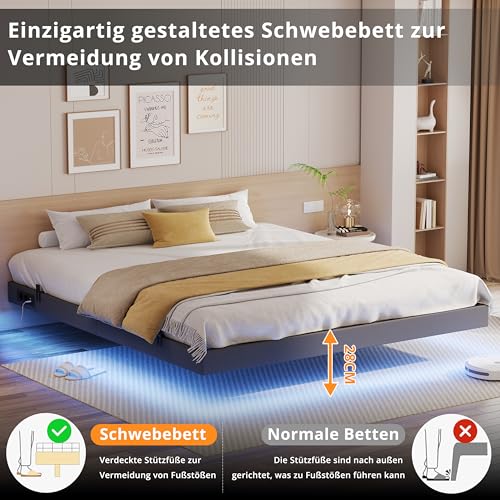 IRONCK Bett 180x200 mit LED Beleuchtung und Ladestation, Bettgestell 180x200 mit Stauraum, Floating Bed Frame, Bettrahmen 180x200cm, Jugendbett, Metallbett mit Lattenrost Doppelbett, Grau