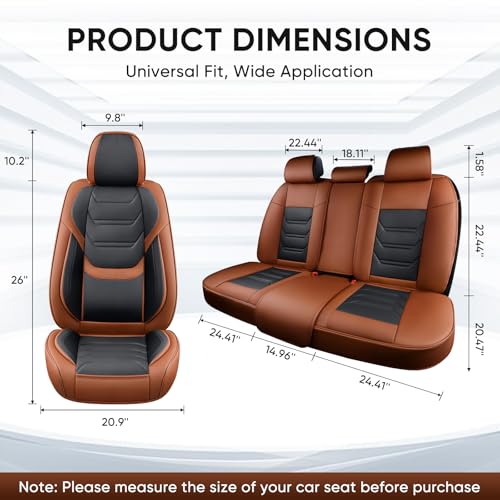 Image of TIEHESYT Leather Car Seat Covers Full Set with Lumbar Support, Waterproof Car Seat Cover, Universal Seat Covers for Cars, Trucks, SUVs, Sedans, Airbag Compatible, Front Pair and Rear, Brown&Black