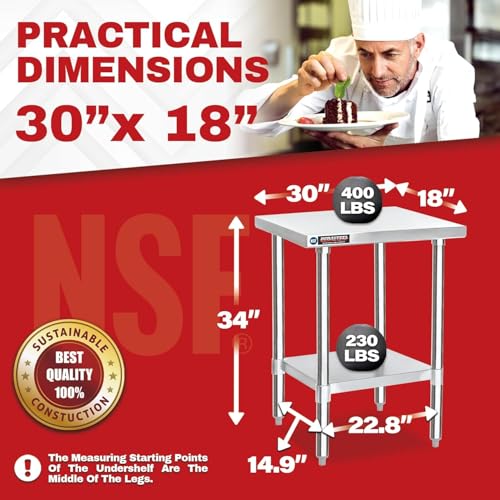 Image of DuraSteel 30x18 Stainless Steel Work Table - NSF Commercial Prep Metal Table - Outdoor Pizza Oven Stand w /Under Shelf - Kitchen Island Laundry Utility Garage Microwave Stand Large Rolling Storage Cart