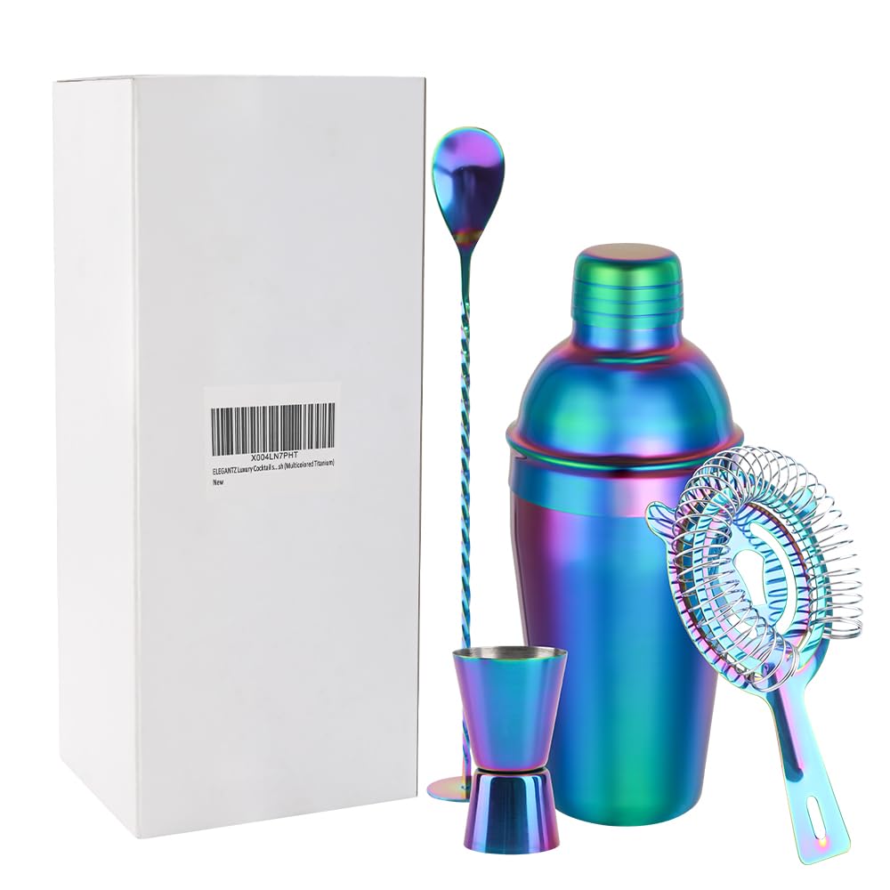 ELEGANTZ Juego de coctelera de lujo – Kit de 4 piezas para barman con coctelera, colador, medidor, cuchara mezcladora – Herramientas de barra de cóctel de acero inoxidable de alta calidad para uso