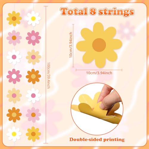 Pasimy 8 Pcs Daisy Boho Party Decorations Groovy Daisy Paper Garlands White Flower Hanging Garland Banner Hippie Flower Cutouts for Birthday Shower Wedding Party Favor Supplies(Groovy,Multicolor)