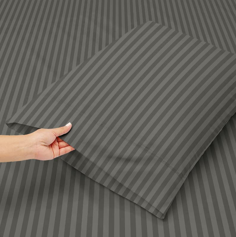 Image of BSB HOME 210 TC Premium Glace Cotton Striped /Lining Plain Bedsheet for Double Bed King Size with 2 Pillow Covers for Home-Hotels-Guest House-Grey
