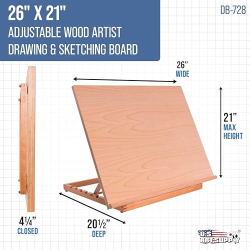 U.S. Art Supply X-Large 26" x 21" Adjustable Wood Art Drawing Board - 6 Angles, Beechwood Construction, Pencil Ledge, 24" T-Square - Ideal for Design, Drafting & Architecture Work