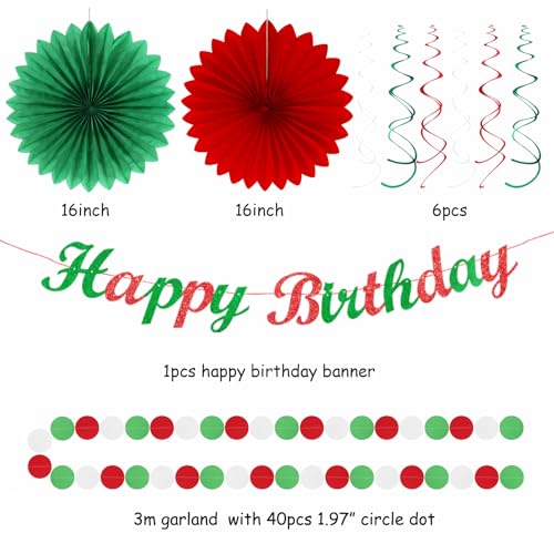 Image of Red White Green Mexican Christmas Birthday Party-Decorations - 21pcs Happy Banner,Paper Lanterns Honeycomb,Tissue Pom Poms Flower Fan,Italian Kids Classroom Hanging Streamers Garland Decor Huglony