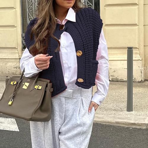 Image of Hixiaohe Womens Crochet Chunky Knit Top Sleeveless Button Down Crop Tops Trendy Cardigan Sweater Vest for Women with Pockets