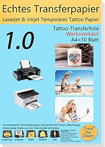 TransOurDream A4X10 Sets, Inkjet/Laser Tattoo Papier Matt DIY Tattoo Folie Zum Bedrucken, für Kerzen, Tattoo Temporäres Transfer, Decal Papier für Tintenstrahldrucker/Laserdr... Tranferfolie