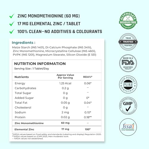 Image of Naturaltein Zinc Monomethionine 60 mg | 17 mg Elemental Zinc per Tablet | Supports Immune Health, Antioxidant Protection & Skin Wellness | 30 Count