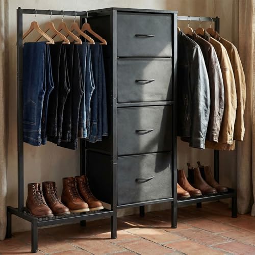 Listado de Closet de Madera Coppel comprados en linea. 50 Closet Para Ropa armables, Perchero Para Ropa, con barra para colgar y 4 cajones, Closet ropero en forma de T, color marrón vintage (Negro)