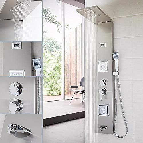 Columna de ducha de pared con grifo monocomando, efecto lluvia y cascada, en acero inoxidable miniatura 1