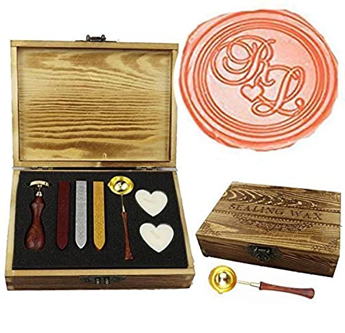 MNYR Vintage Wedding Custom Wax Seal Stamp Kit with 2 Letter Monogram Heart Wooden Gift Box Melting Spoon Stick Set Invitation Gift Wrap Custom Words Customize Personalized Sealing Wax Seal Stamp Set