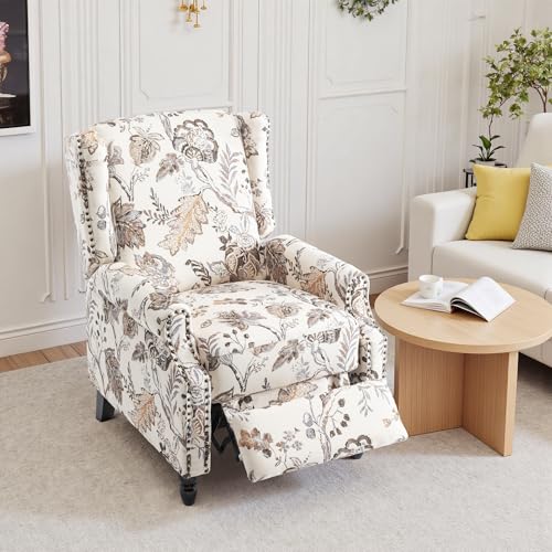 Pushback Recliner Chair Floral Fabric Wingback Recliner Chair Upholstered Rivet Trim Armchair Push Back Recliner Accent Chair for Small Spaces Living Room Plants Beige
