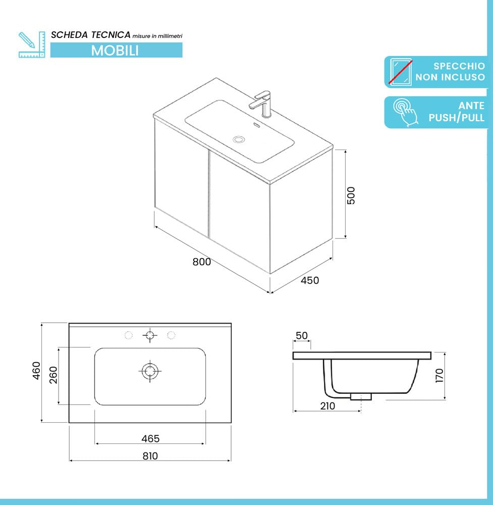 Mobile Bagno Sospeso 80 cm Tortora – Mobiletto Lavabo Moderno a Due Ante Push and Pull – Mobile Già Montato con Lavandino ad Incasso Linea Tierra