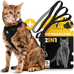 Tierhood® Cat Harness [Without Plumping] Includes Lead for Small and Large Cats – Harness Set with Cat Lead – Cat Harness – Cat Harness with Lead – Escape-Proof (S, Black)