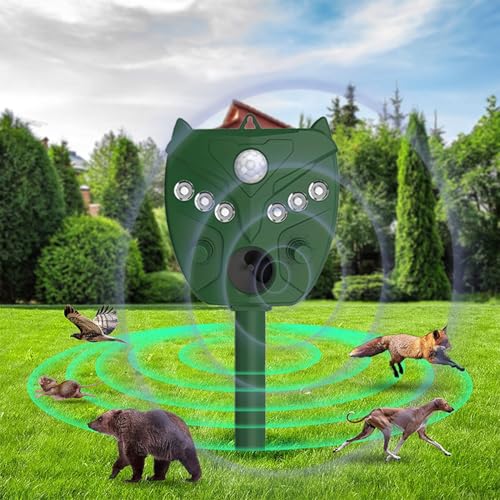 HOPSEM Ultrasonic Animal Repeller for Gardens Solar Cat Repellent Cat Scarers Waterproof Fox Deterrent with Flashing Lights Alarm Sound 5 Modes Motion Detection Sensor for Outdoor Dog Squirrel Deer