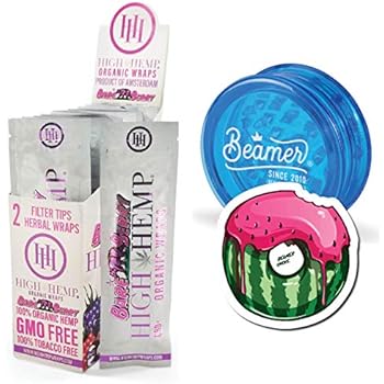 Rolling Wrap 25 Packs (50 Total Wraps) Organic Wraps Bare Berry Flavor Wraps with Filter Tip + Beamer 3-Piece 63mm Acrylic Grinder with Storage Compartment + Beamer Smoke Sticker