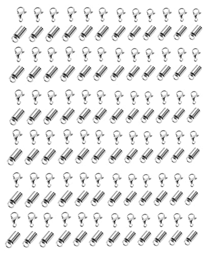 144 Stück Schmuckherstellung: 72 Spulenverschlüsse, 10 x 4 mm, Kordelenden, Kordelspitze, Leder, Wildleder, Halskette, Federverschluss, 72 Stück Karabinerverschlüsse, 9 mm, chirurgischer Edelstahl Cover