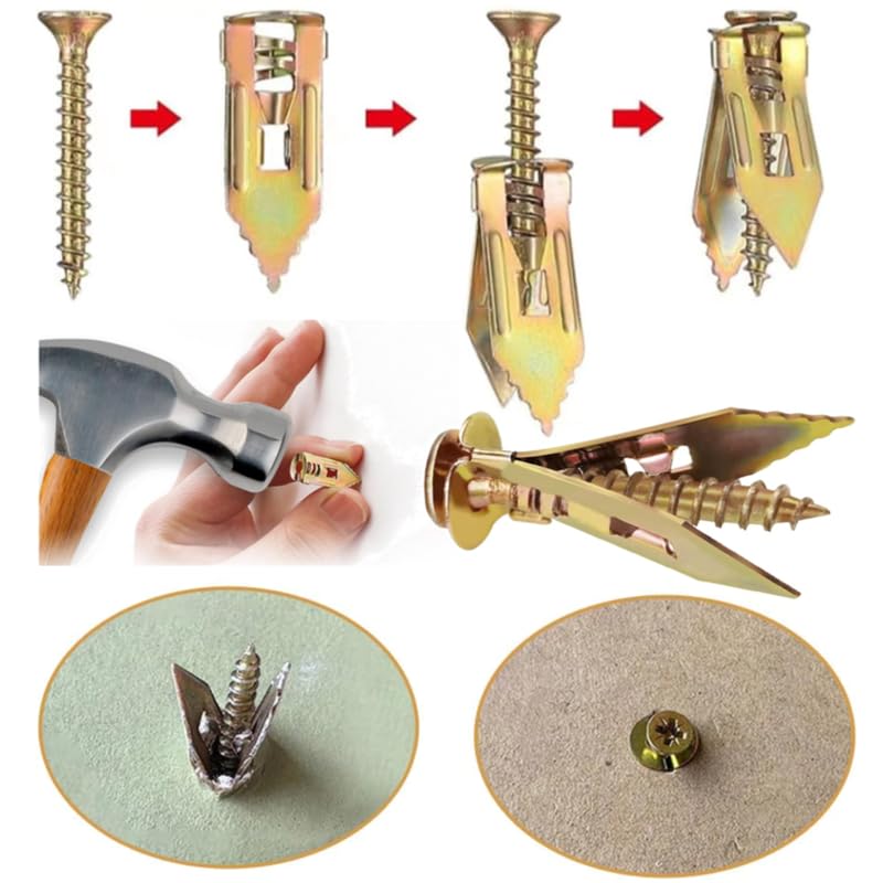 PUSKIU 2024 Upgraded Self-Drilling Anchors Screws, Zinc Plated Steel Drywall Anchors With Screws, Easy Application No Drill or Holes in Wall, Gold